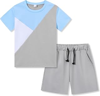 Ayzozuy Boy Clothes Colorblock Top + Drawstring Waist Shorts 2 Pieces Kid Summer Outfits Set