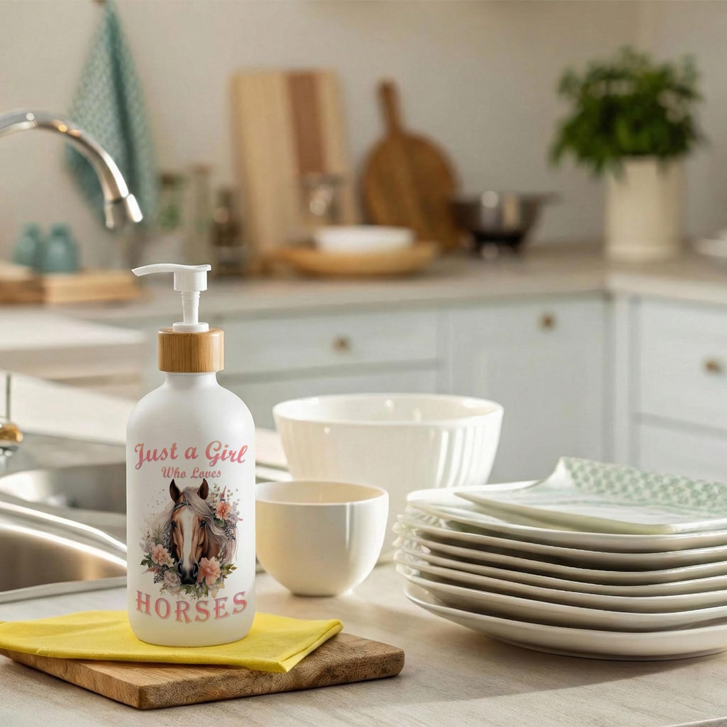 Horse Lover Gifts for Girls Women Soap Dispenser, Horse Girl Gifts Glass Dish Soap Dispenser for Kitchen, Just a Girl Who Loves Horses Refillable Handsoap Pump Bottle image 3