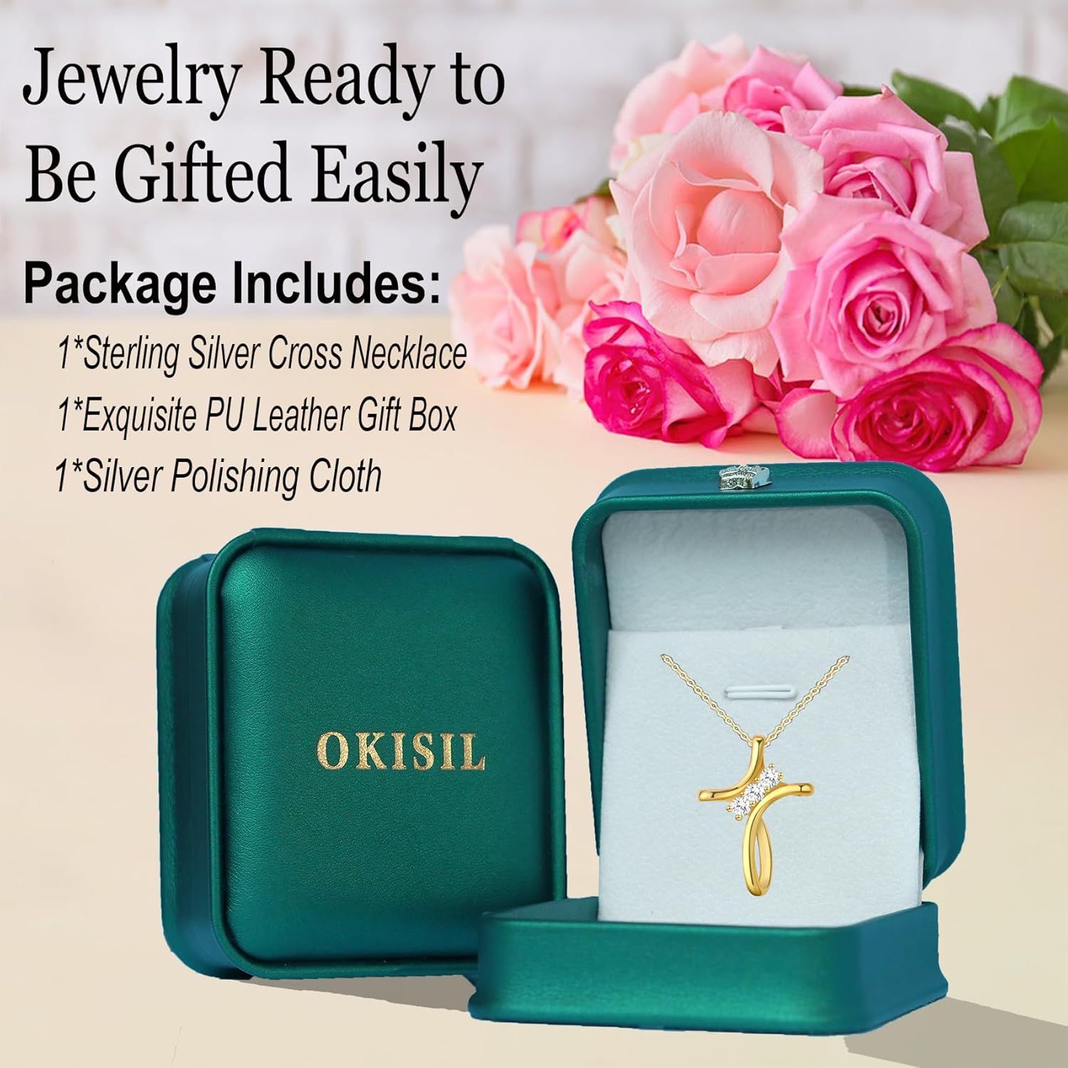 Cross Necklace for Women, 925 Sterling Silver 18K Gold Plated Diamond Necklace for Women, Cross Pendant with 3 Stone 5A Cubic Zirconia, Birthday Christmas Jewelry Gifts for Women Her, 20 Inches - Image 6