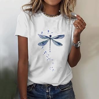 Women's Plus Size Summer Loose Tee Shirt Women's Short Sleeve Dragonfly Print T-Shirts Ladies Casual Round Neck Loose Breathable Shirt Elegant Top Cotton T Shirt, Marine, L