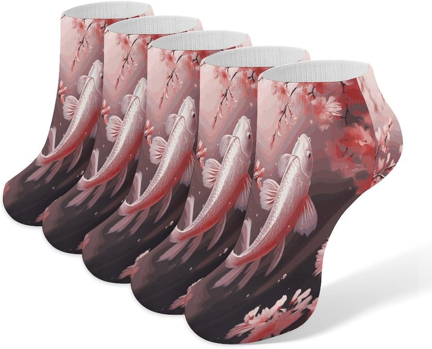 Pink Cherry Blossom Red Carp Ankle Socks for Men Women 5 Pairs | Comfortable Casual Low Cut Socks, Lightweight No Show Breathable Athletic Socks, Soft Mini Crew Socks for All Seasons