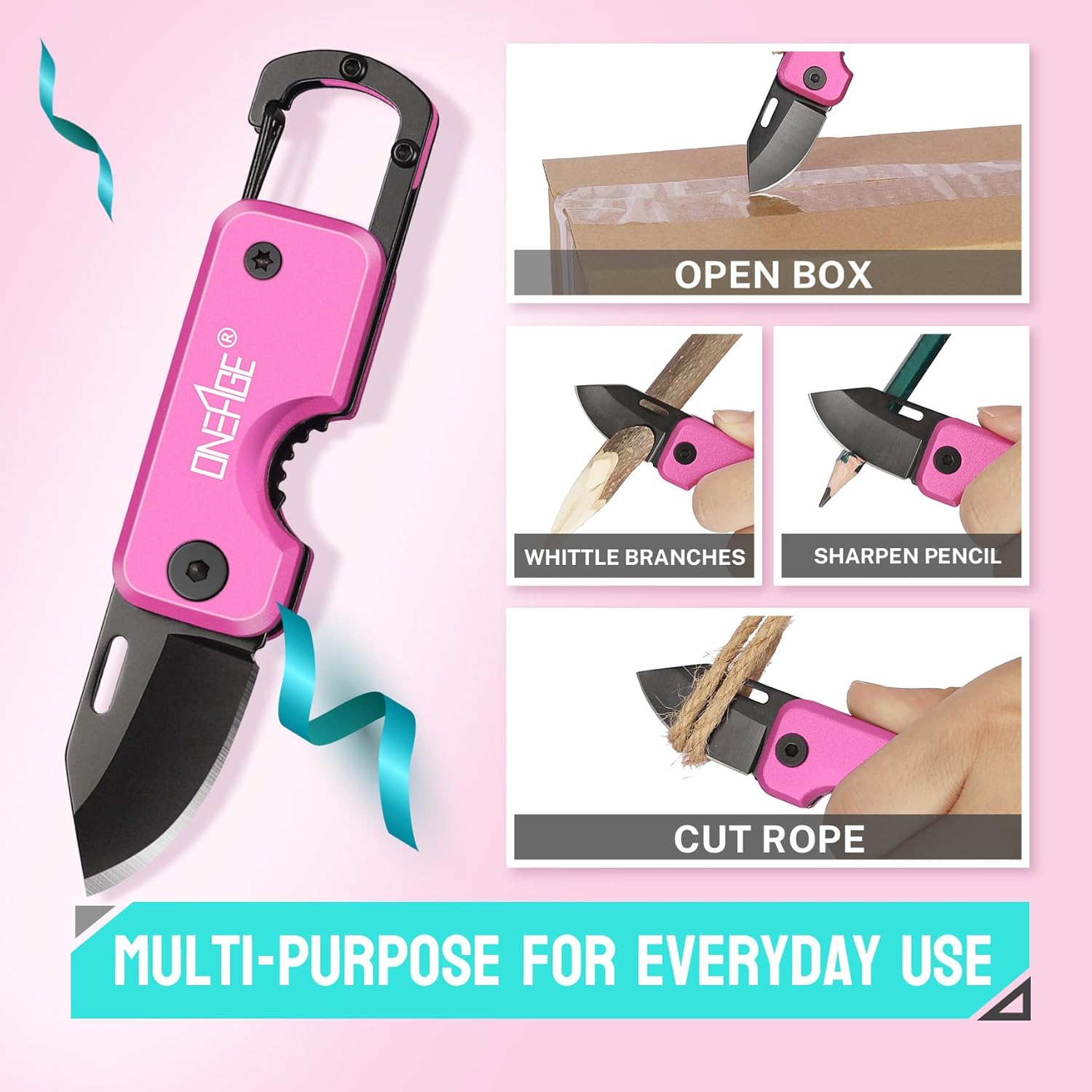 Pink Pocket Knife for Women - Stocking Stuffers for Christmas, Mothers Day Gifts, Keychain Edc with 1.56inch Blade - Small Folding Knives for Everyday Carry, Box Cutter - Gadgets for Camping Hiking