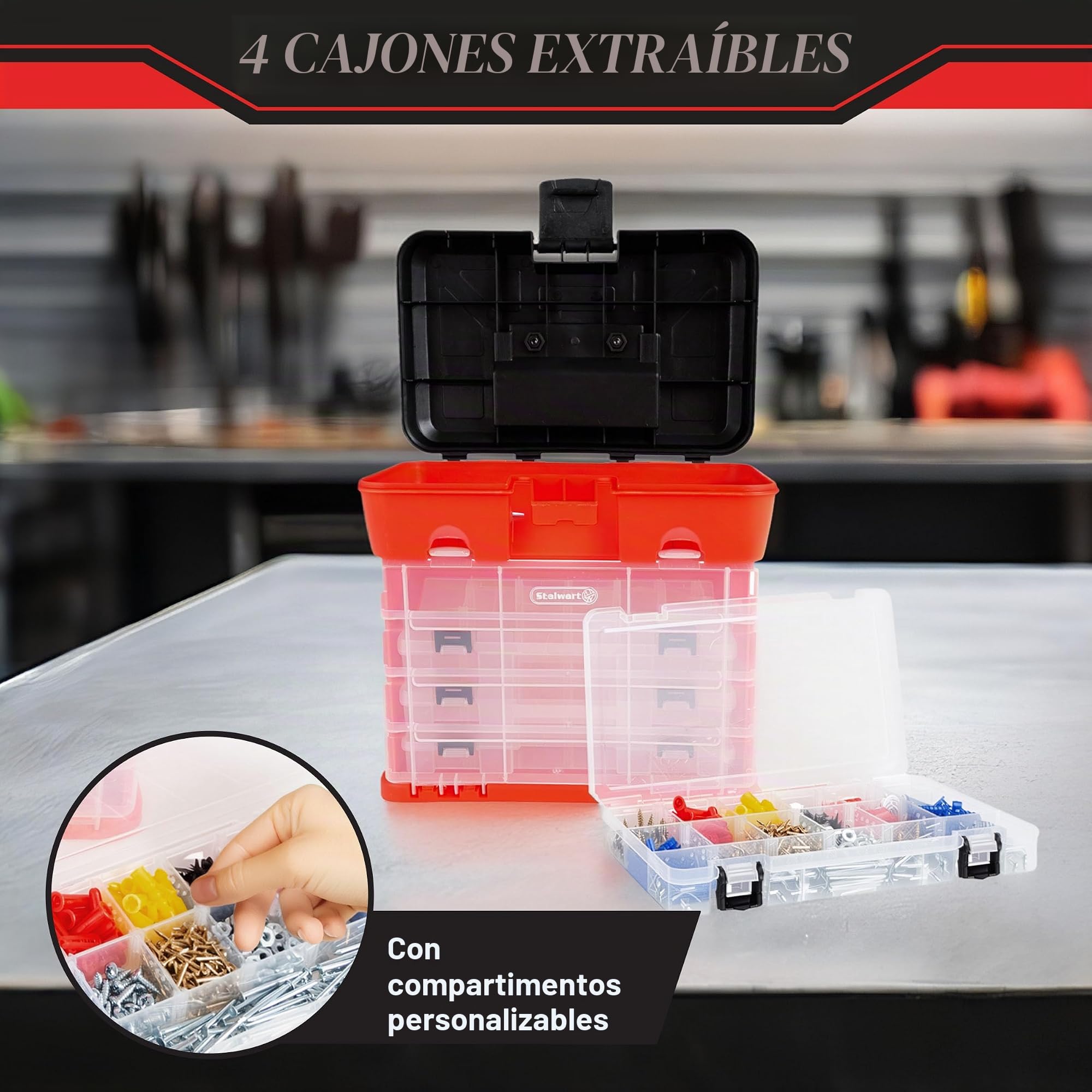 Stalwart - Caja de herramientas de almacenamiento, organizador portátil multiusos con compartimento superior principal y 4 bandejas extraíbles multicompartimento, rojo, 11 x 7 x 10 pulgadas