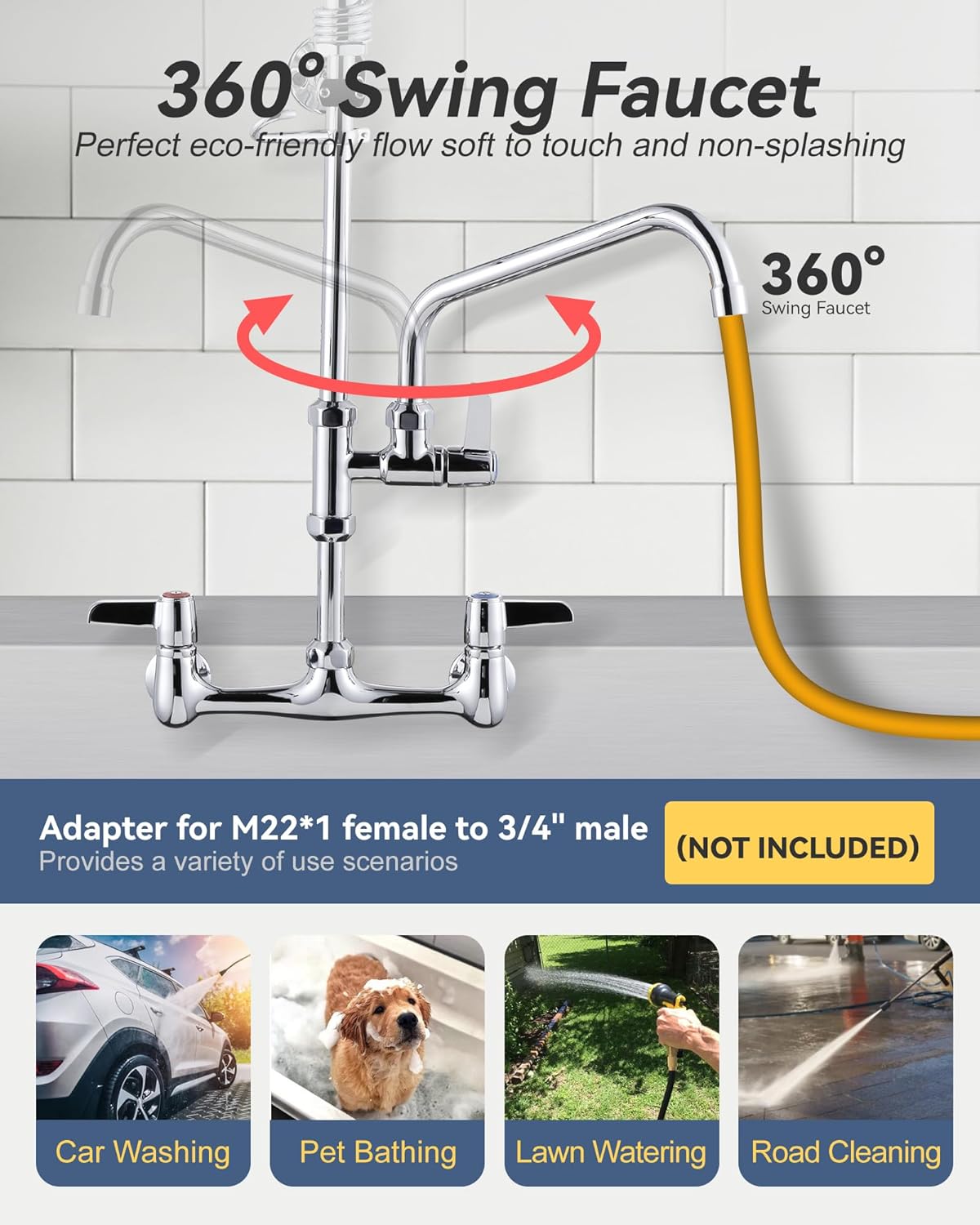 Commercial Kitchen Sink Faucet with Sprayer: ARCORA 47" Height Commercial Kitchen Faucet Wall Mount 8'' Center with 12" Add-on Swing Faucet Chrome