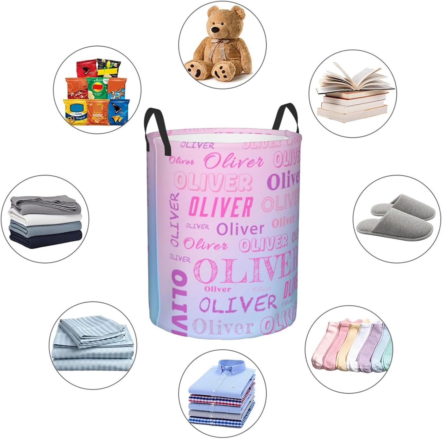 Pink Blue Custom Laundry Basket with Name Personalized Circular Laundry Hamper for Bathroom Bedroom Customized Collapsible Dirty Clothes Storage Basket with Handles for Kids Girls Boys Adults