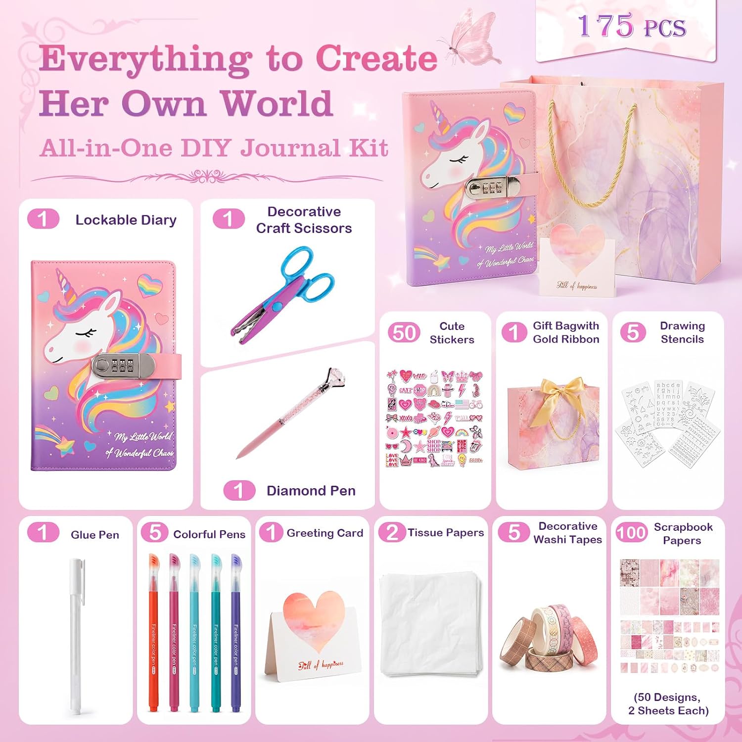 Leesgel DIY Diary with Lock for Girls, Secret Journal, Ages 8-12 (Cute) | 175 PCS Stationery Supplies, Scrapbook Stickers, Colorful Pens, Creative Writing, Art Crafts, Birthday Gifts for Girls 8-12
