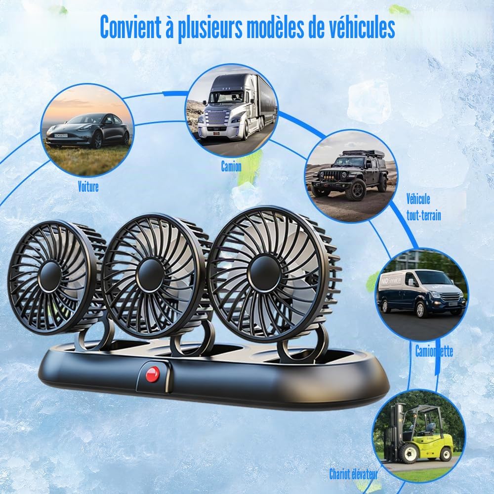 Ventilateur de voiture 12 V, ventilateur de voiture avec 3 vitesses, ventilateur de voiture portable rotatif à 360 °, ventilateur de voiture 12 V, ventilateur à trois têtes pour voitures, vans