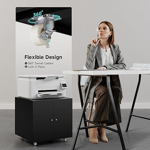 Vista 3 de Warmiehomy Metal Printer Stand, 24x24x24'' Printer Cabinet with Storage, Mobile Printer Table with Wheels, Desk for Small Spaces with Door