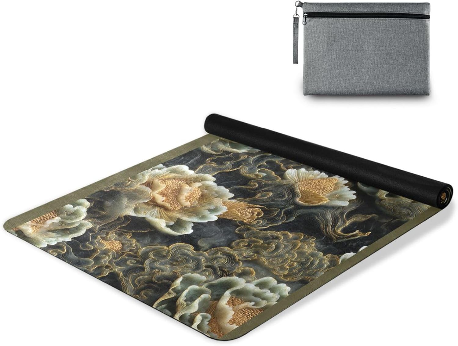 Black and Gold Chinese Jade Flower hot yoga mat non slip for women printed natural rubber non slip with carrying bag tapete para ejercicio 71x26 inches 1MM
