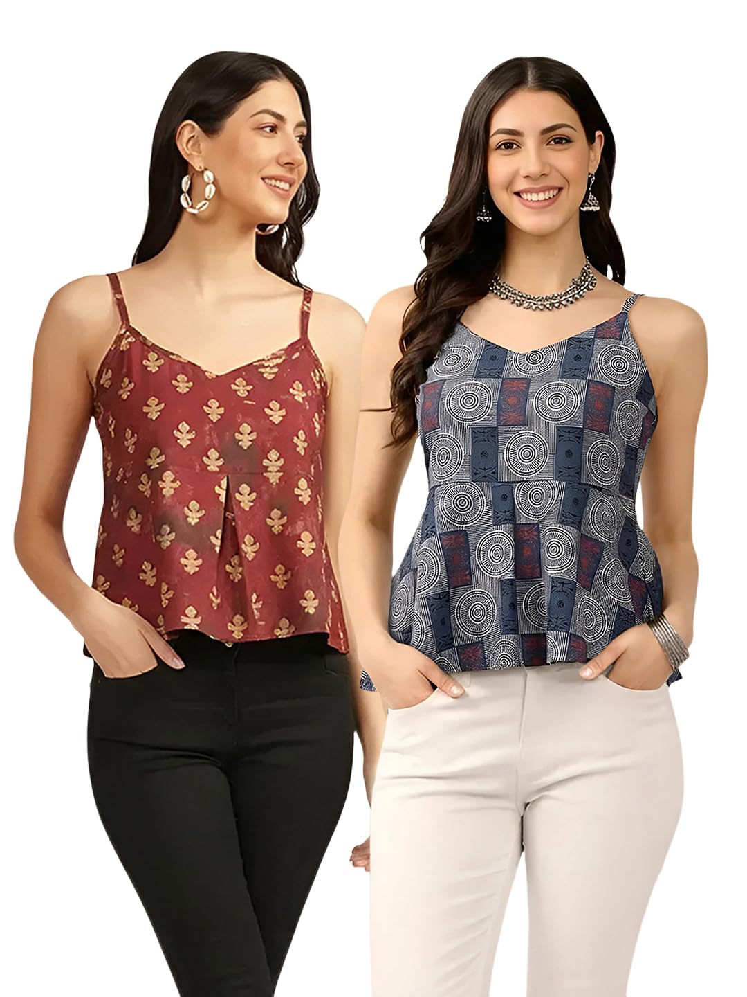 Pinkmint Women Cotton Peplum Tops Combo | Sleeveless Spaghetti Strap Printed Summer Tops for Women Tops, Office Wear, Coll... - Review, Price and Buying Guide