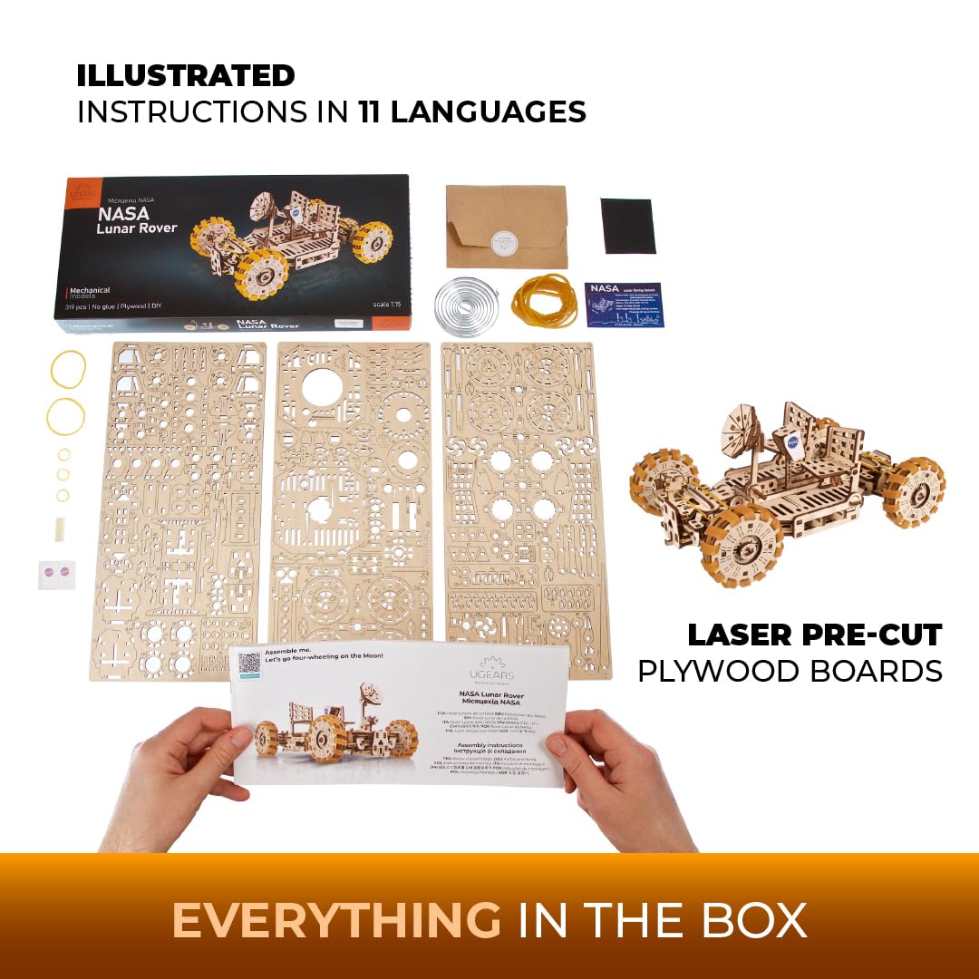 UGEARS NASA Lunar Rover Model Kit - 3D Drewniane Puzzle Mechaniczne Do Zbudowania Dla Dorosłych - Prezenty Kosmiczne Dla Młodych Chłopców - Oficjalne Zestawy Modeli Kosmicznych NASA