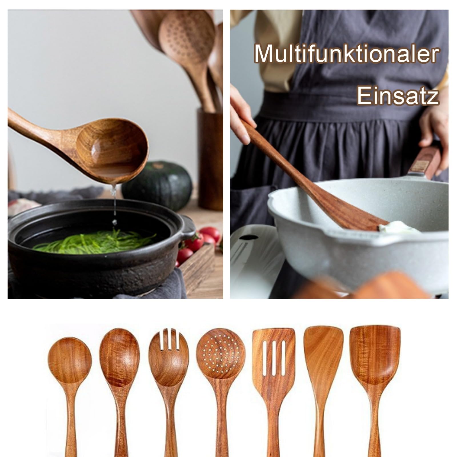 Holzkochlöffel, 9 Stück Holzlöffel zum Kochen, Premium Kochlöffel Set, Küchenutensilien aus Teakholz für das Kochen Rühren, Kochbesteck Set Perfekt für Ihre Küche