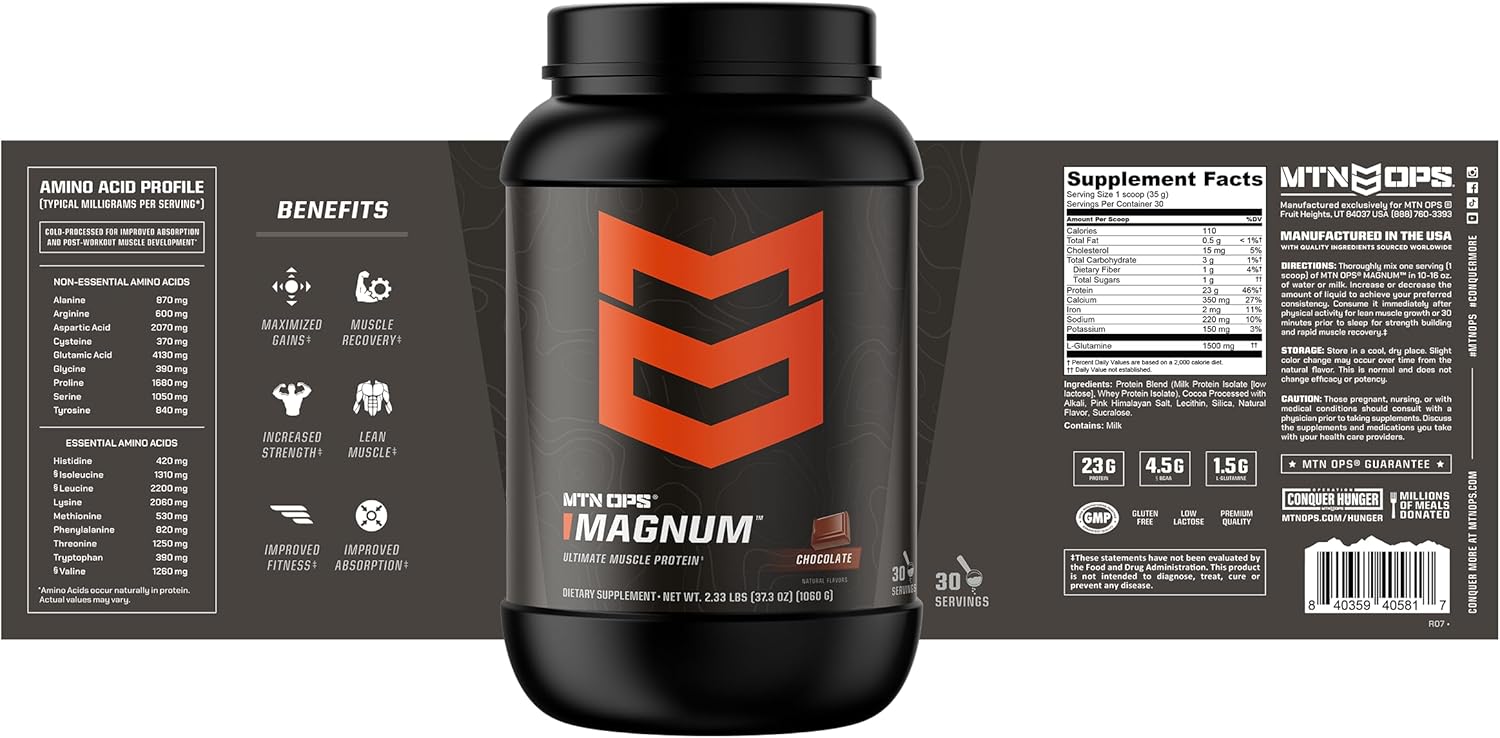 MTN OPS Magnum Chocolate Protein Powder, 23g of Whey Isolate Protein & Milk Protein with BCAAs, Zero Sugar & Gluten Free, 30-Servings