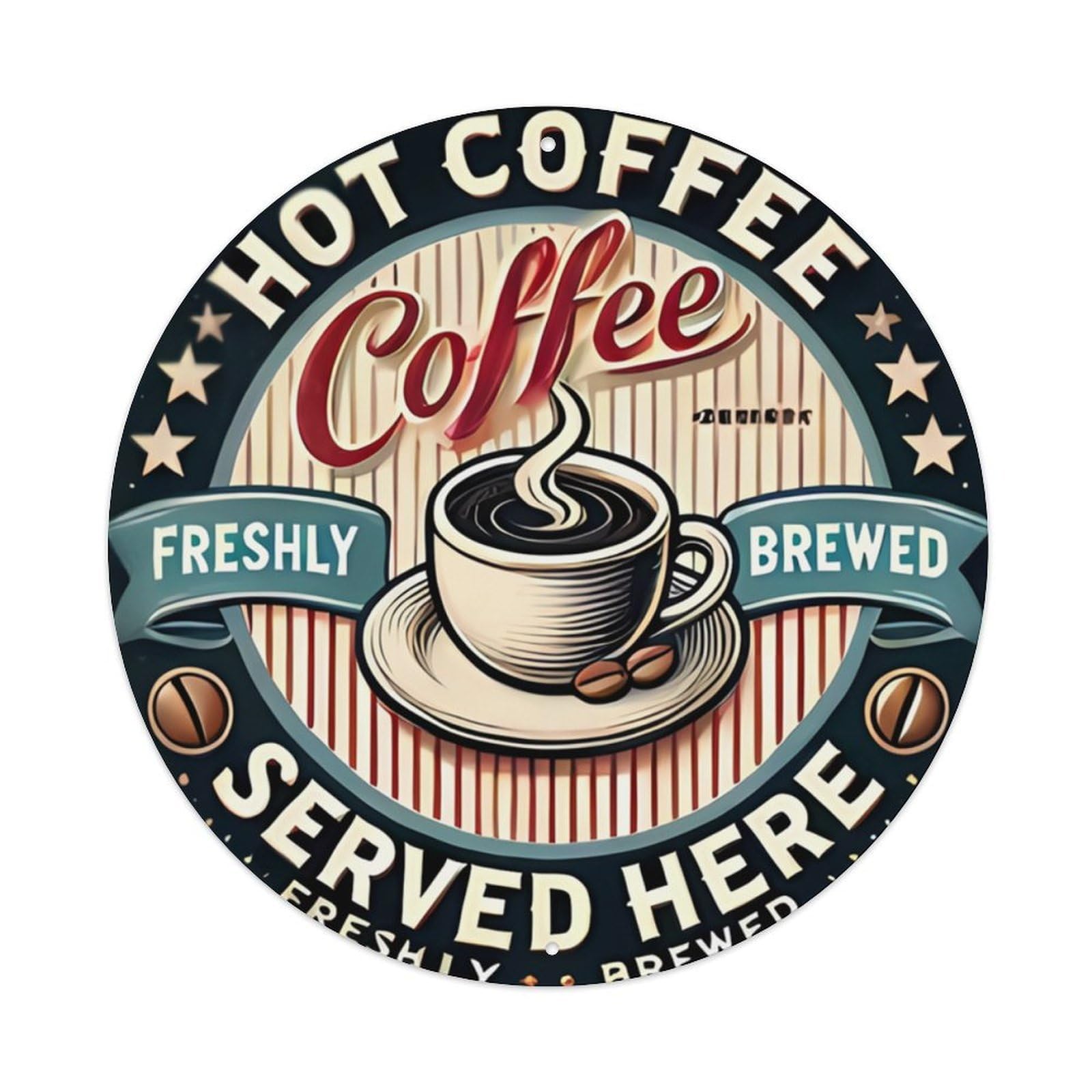 Vintage Hot Coffee Freshly Brewed Coffee Shop Round Decorative Sign Vintage Aluminium Metal Sign, Retro Wall Decor for Home, Bar, Garage & Farmhouse 20x20cm