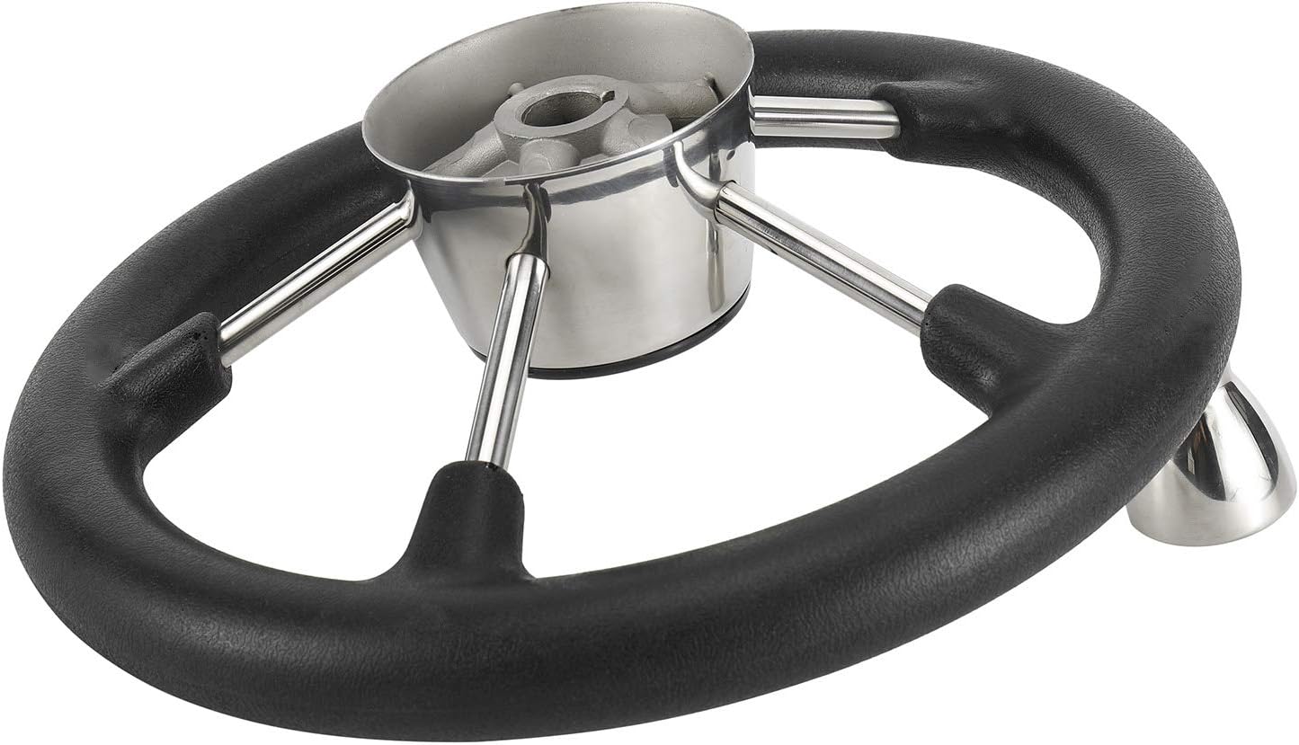 NovelBee 11-1/2 Inch Stainless Steel 5 Spoke Boat Marine Destroyer Steering Wheel with Black PU Foam (With Knob)