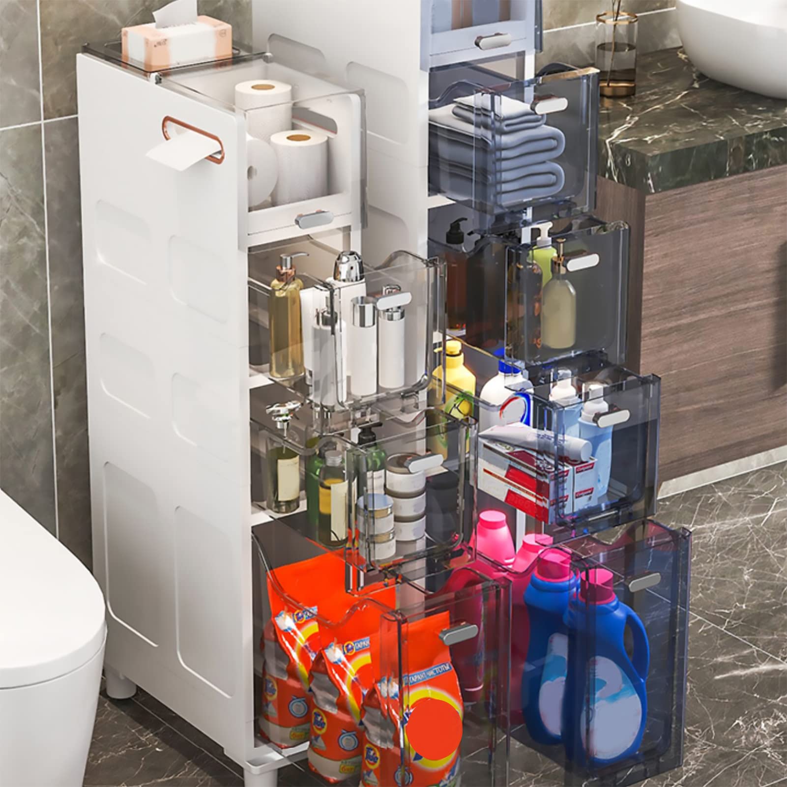 Mueble de baño Alto y Estrecho con cajones transparentes y ruedas, Ideal para guardar Papel higiénico, dormitorio, entrada y armarios. sin montaje.