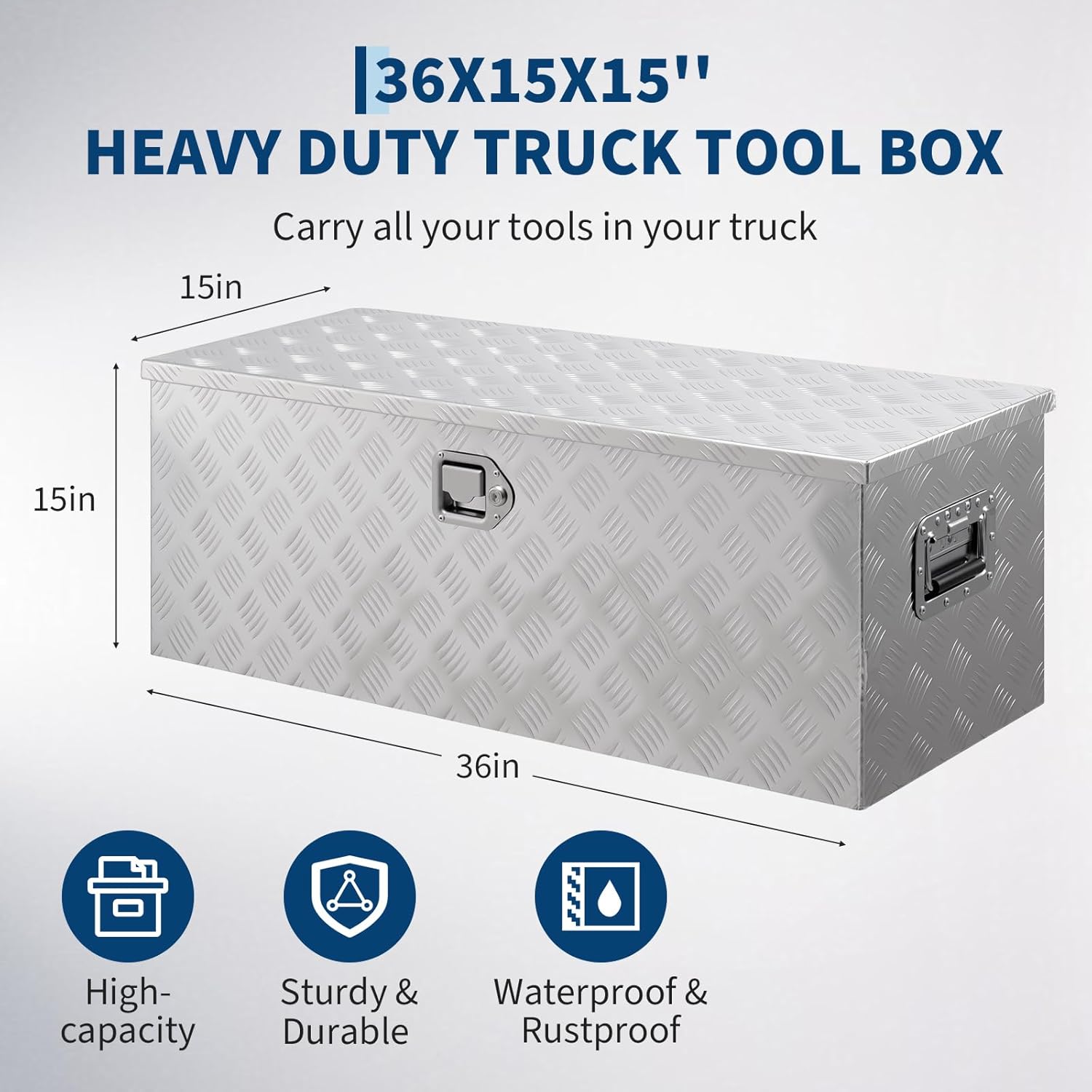 Truck Bed Tool Box Aluminum with Lock and Keys, 36x15x15 Inch, Weatherproof Storage Chest Organizer, Side Handles, Gas Strut Lid, Large Capacity Heavy Duty Steel Metal Tool Box for Pickup, Trailer, RV