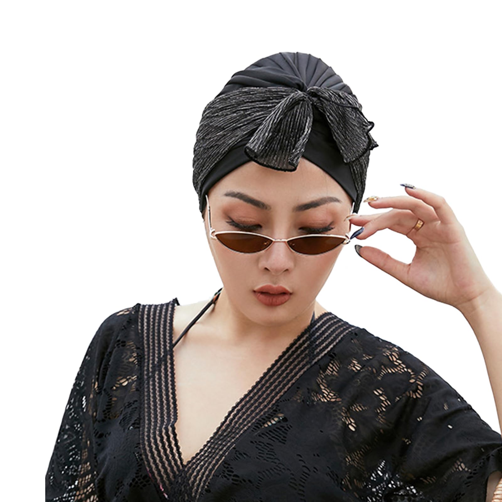 Bonnet de Bain Tissu pour Femme Bonnet de Natation Élastique en Polyester Turban de Bain avec Décoration de Nœud de Papillon Chapeau de Natation pour Salon Sauna Plage Piscine