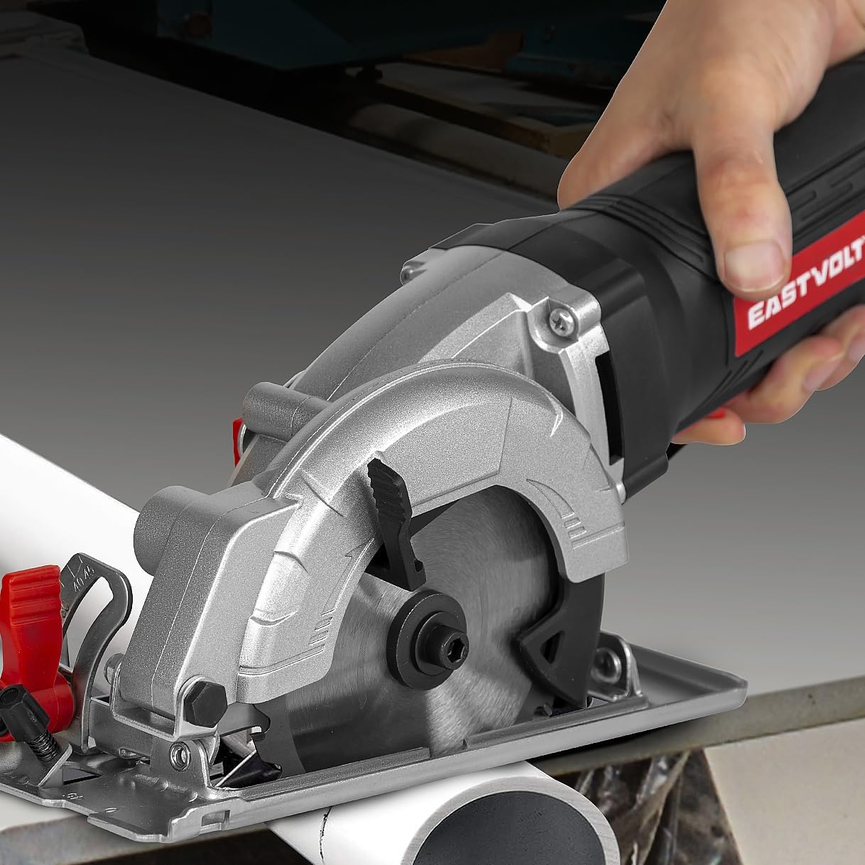 Eastvolt Mini Circular Saw cutting a PVC pipe