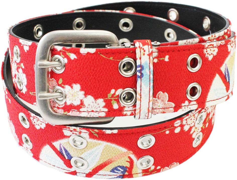 Double Pin Buckle Japanese Chirimen Belt Unisex (Red Cherry)