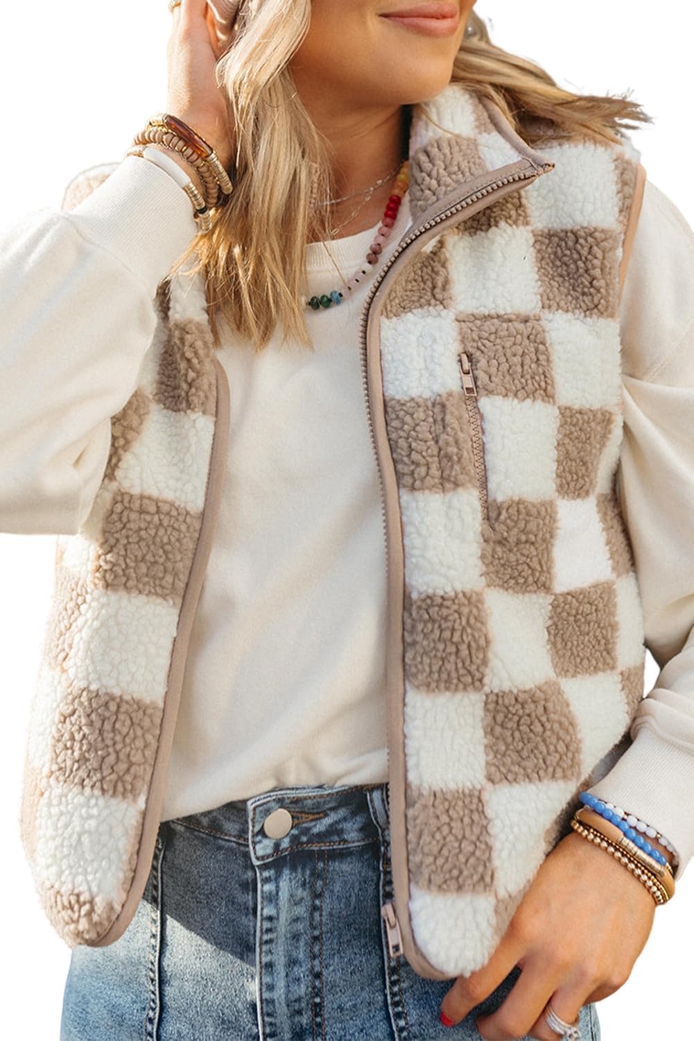 EARKOHA Womens Winter Sleeveless Fleece Top Casual Collar Khaki Checkered Sherpa Collared Jacket Vest