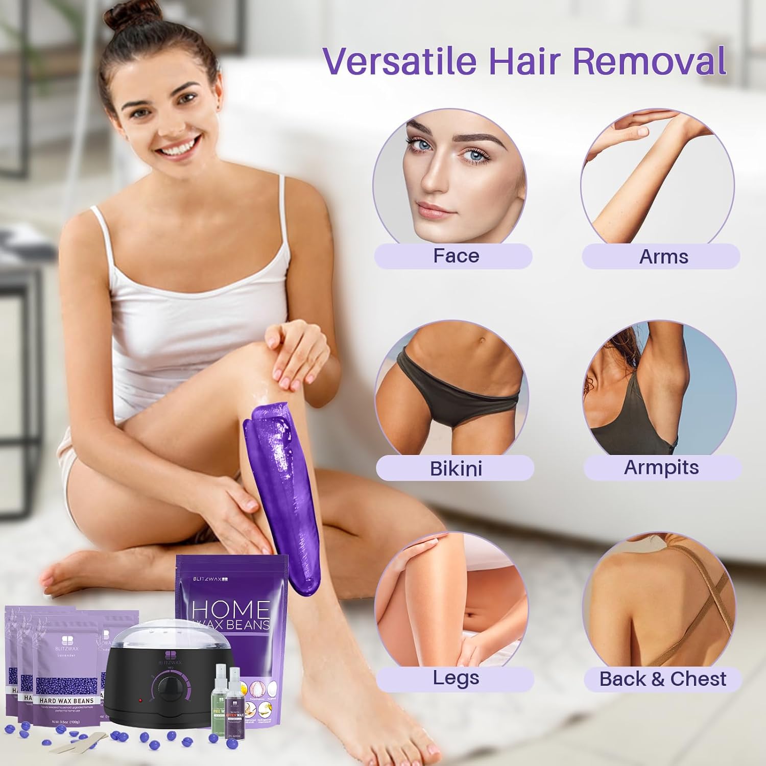 BLITZWAX Wax Warmer Hair Removal Waxing Kit with 1lb Lavender Wax Beads for Sensitive Skin/Body/Face/Bikini/Leg/Brazilian, 29 Items Wax Kit and Hard Wax Beans Refill Ideal for Women Men at Home Salon