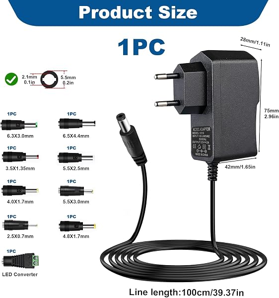 Fuente de Alimentación Universal 12V 2A, AC DC Adaptador con 9 DC Enchufes, Power Supply 100-240V 50/60Hz, Cargador DC 5.5mm X 2.1mm para Tiras LED Cámara CCTV Router WLAN Ventilador Caso Caja de TV - 2