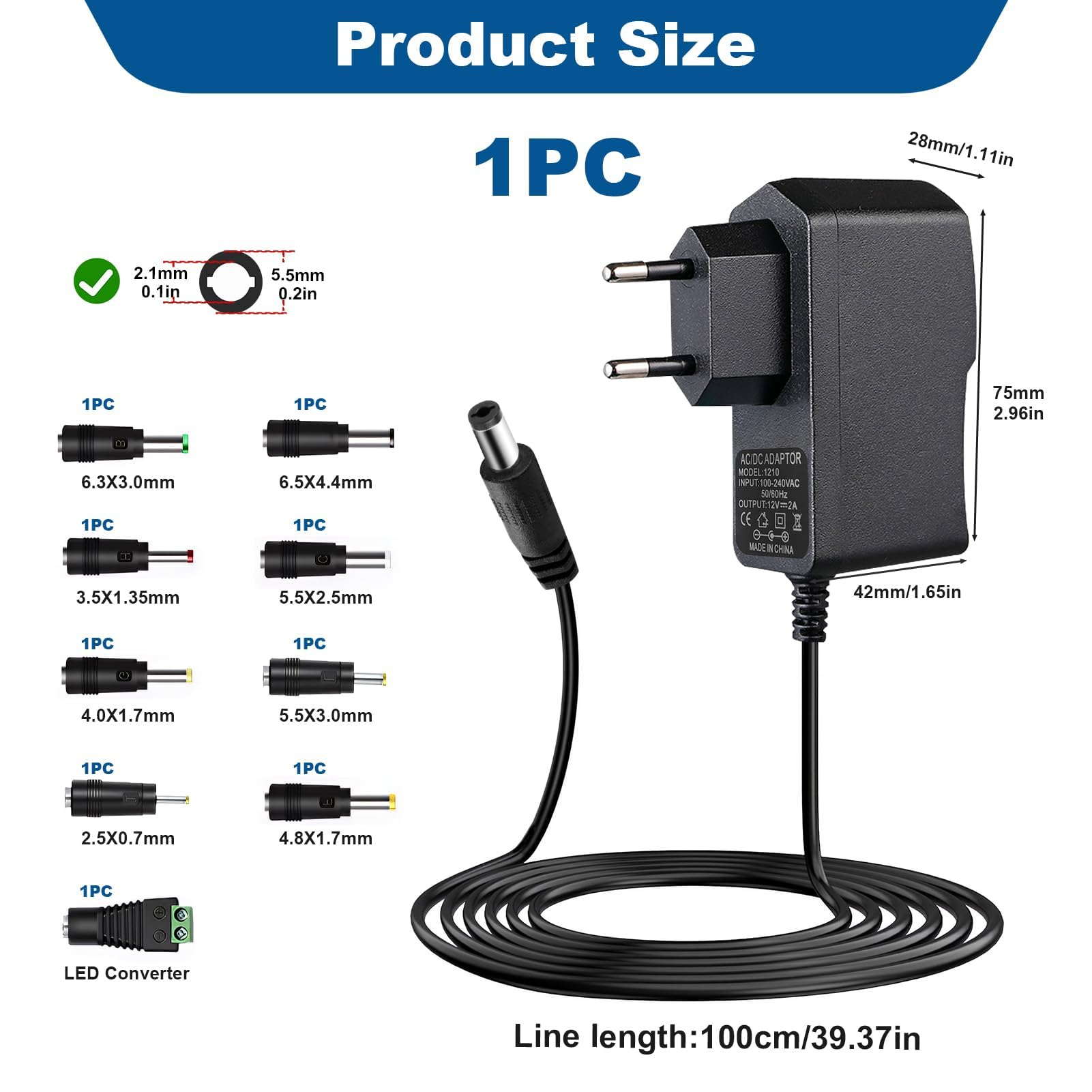 Fuente de Alimentación Universal 12V 2A, AC DC Adaptador con 9 DC Enchufes, Power Supply 100-240V 50/60Hz, Cargador DC 5.5mm X 2.1mm para Tiras LED Cámara CCTV Router WLAN Ventilador Caso Caja de TV — view 2