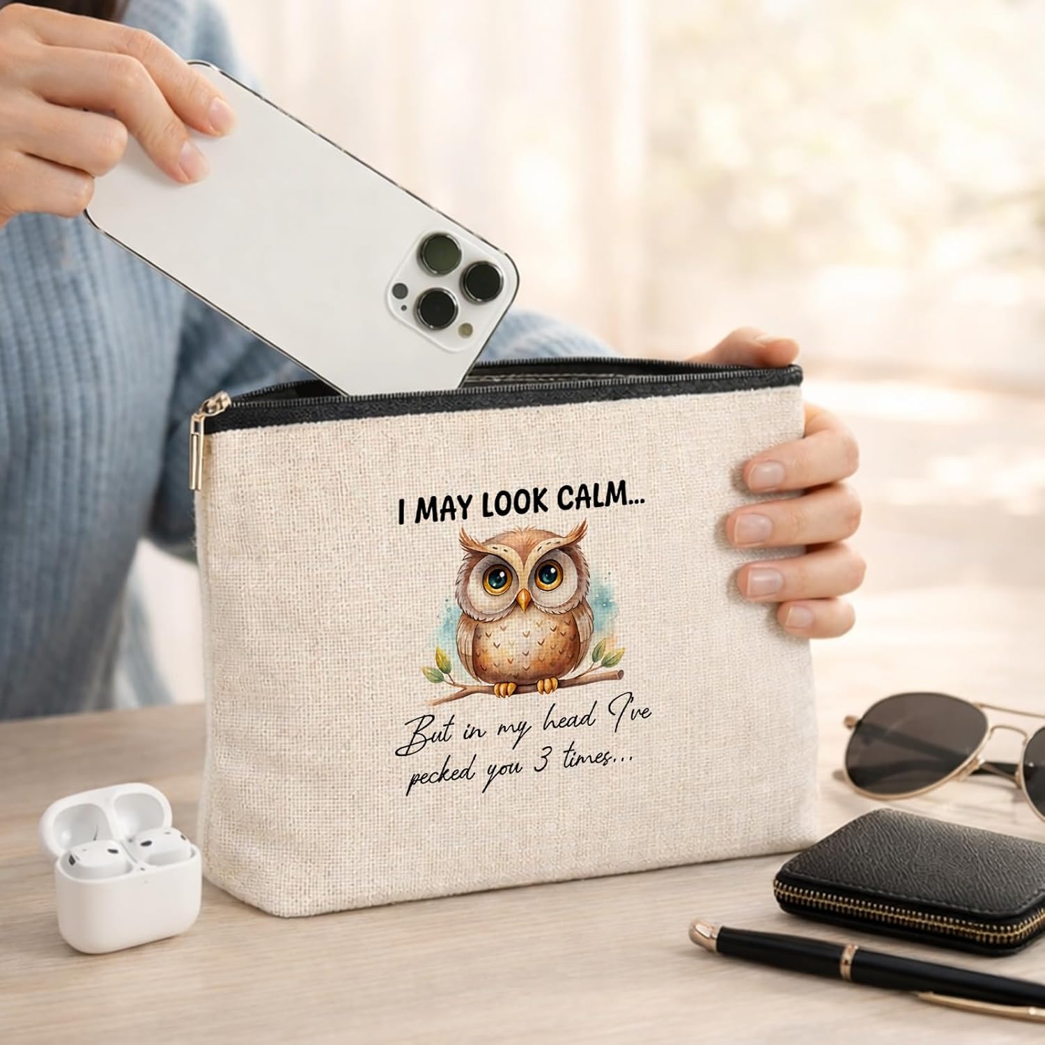 Owl Gifts Makeup Bag for Women Sisters Friends Coworkers, Funny Owl Gifts Cosmetic Bag, I May Look Calm Travel Storage Toiletry Pouch with Zipper - Image 4