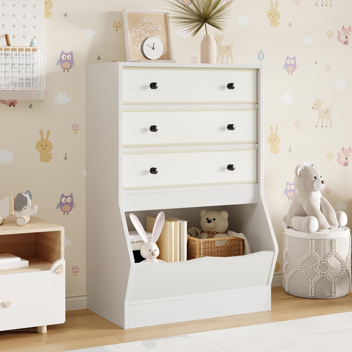 MHOM Toy Storage Organizer with Open Cube, Kids Bookshelf and Toy Storage with PU & Non-Woven Fabric Drawers, Small Book Shelf for Kids Rooms, Playroom and Nursery (White)