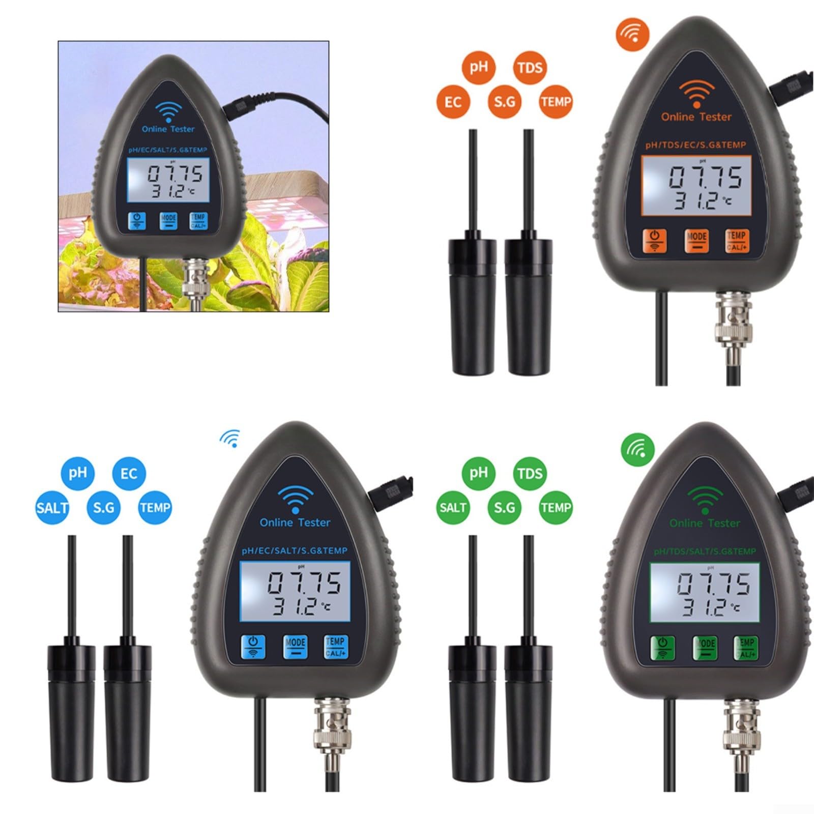 Per Tuya 5-in-1 WiFi PH Monitor e Tester di Qualità Dell'Acqua Con Salinità, Gravità Specifica, Sensori di Temperatura Per Acquari, Laghetti Di Pesci, Idroponica (WF9953)