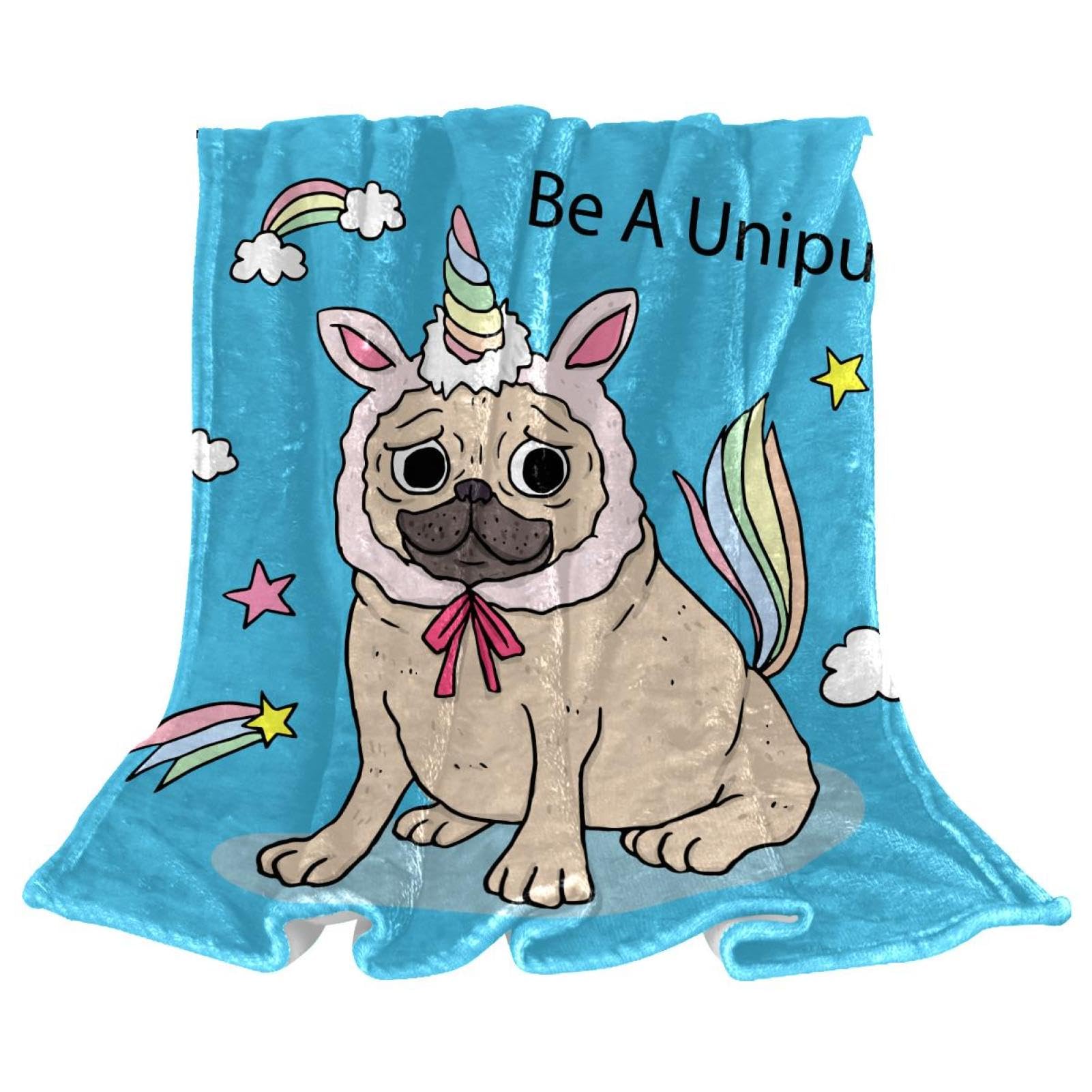 Couverture polaire chien carlin licorne 150x130 cm pour lit et canapé