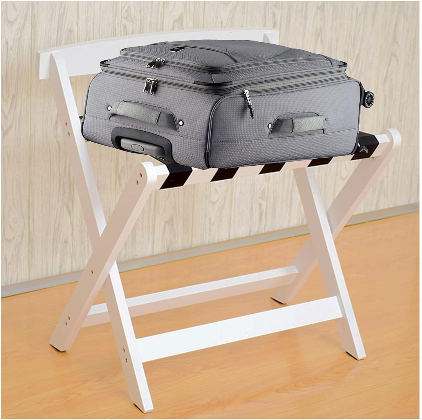 Guest Room Luggage Rack Folding Wooden Stand with Backrest - Double-Layer Suitcase Holder, No Assembly Required, for Bedroom, Hotel, and Guest Room (White)(BLUE)