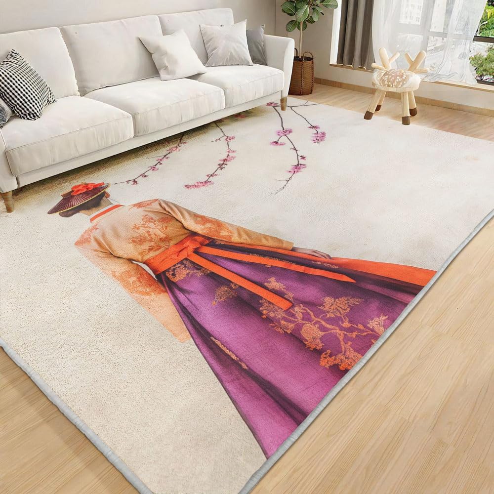 Carpet for Living Room, 6x9 Ft Super Soft Washable Rugs, Low Pile Girl in Horse-Faced Skirt On Stone Road Rugs for Bedroom Non-Slip Area Rug, Nursery Rug for Kids Dining Room Playroom