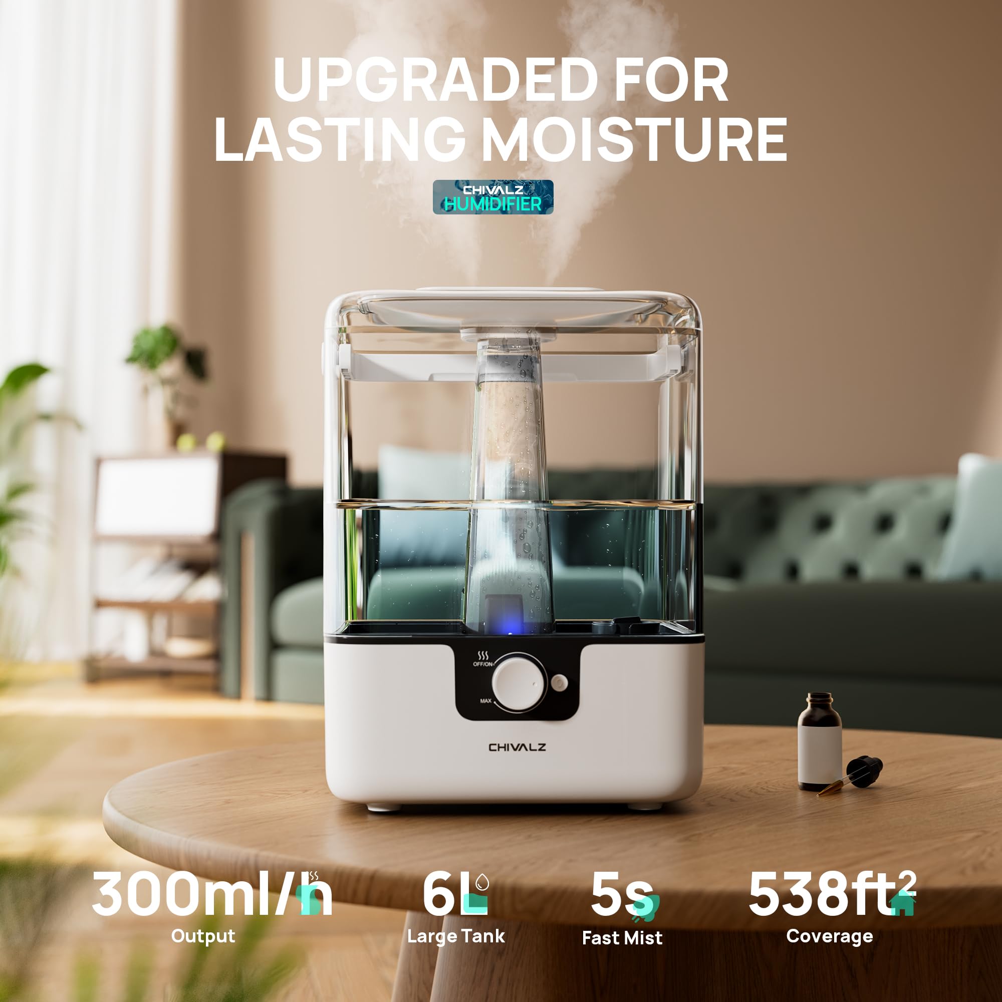Umidificatore CHIVALZ 6L Top-Fill | Silenzioso (26 DB) Con Luce Notturna | 50 H Di Autonomia | Aromadiffusore | Per Cameretta E Piante | Bianco