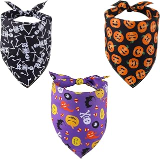 LUTER 3pcs Halloween Dog Bandanas, Triangle Dog Scarf Pumpkin Skeleton Pattern Washable Pet Neckerchief for Dogs Cats