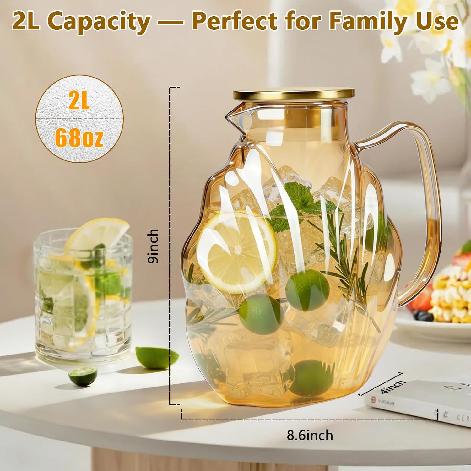 2L Glass Pitcher with Lid, Borosilicate Water Jug for Iced Tea