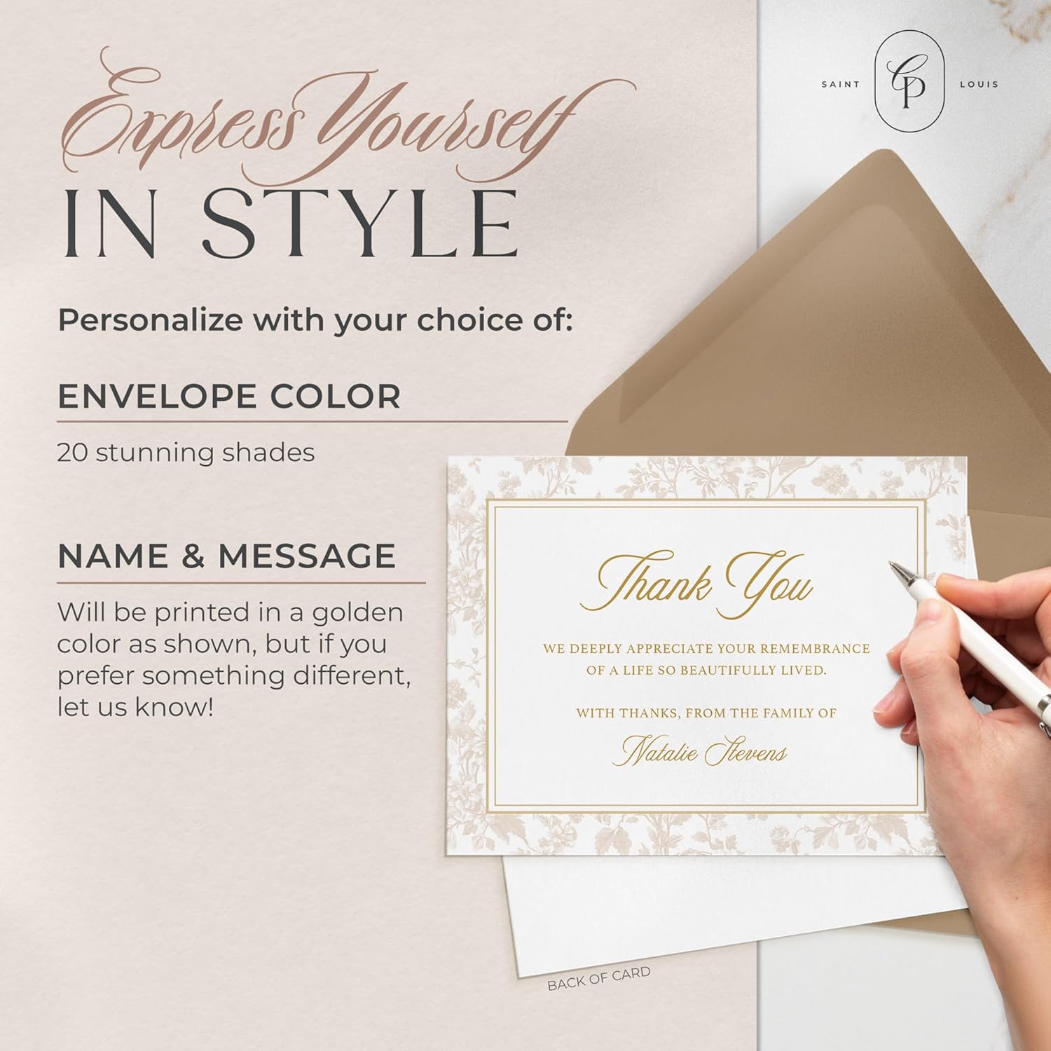 Curio Press Funeral Thank You Cards with Envelopes, Custom Stationery with Name & Prewritten Message Sympathy Cards for Bereavement Support Personalized Stationery for Women & Men - Legacy Flat