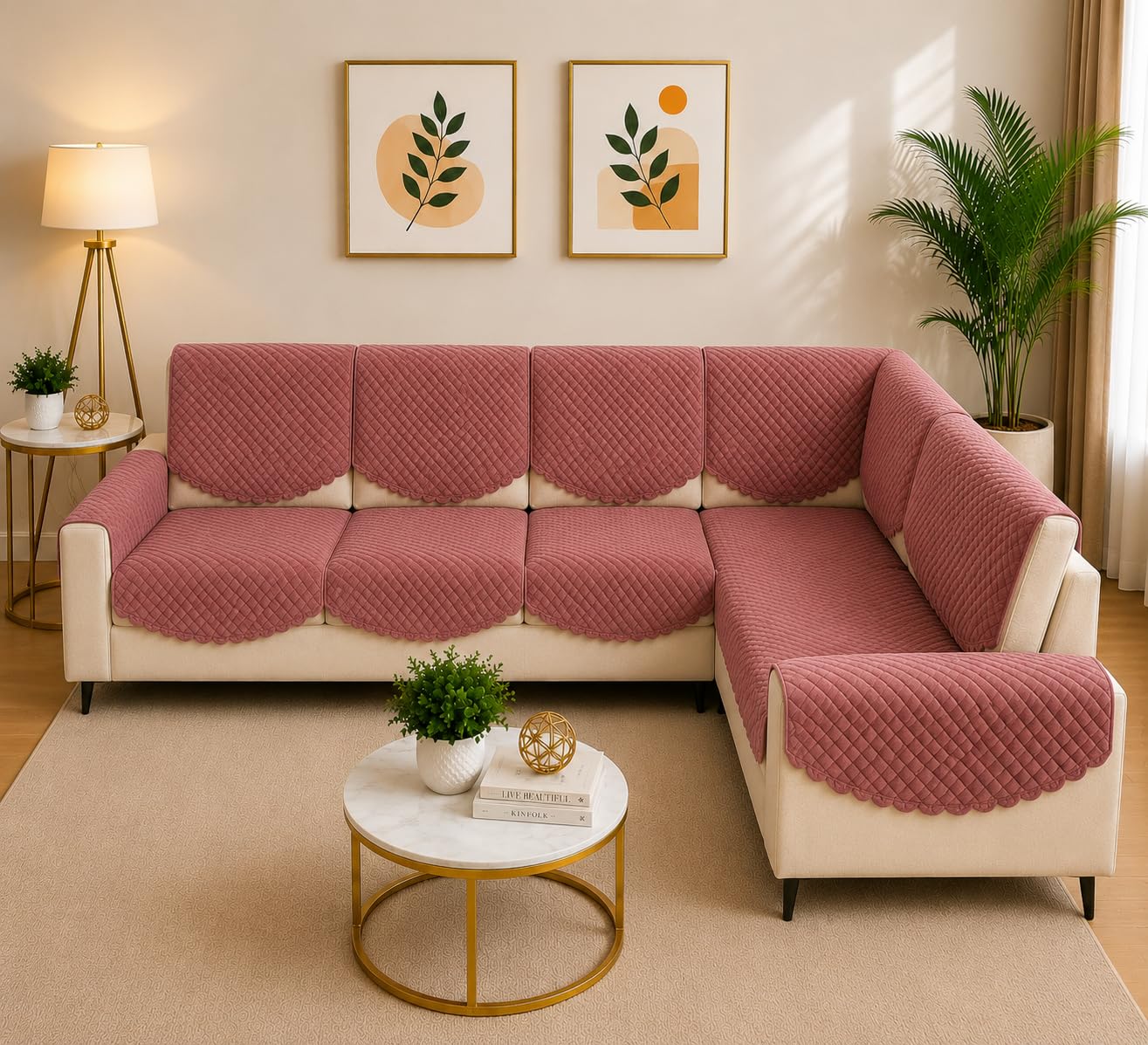 Solid Color 7 Seater L-Shape Sofa Cover, Quilted Texture, Sectional Couch Protector for Living Room-Pack of 14 (Peach)-image-9