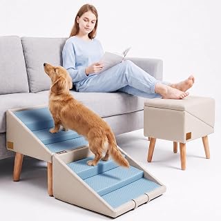 Dog Stairs for Small Dogs 16.14" H, 6 Step Extra Wide Dog Ramp for Couch | 2-in-1 Foldable Pet Stairs and Ottoman, Non-slip Pet Steps for Puppy Senior Dog, Pet Ramp with Solid Wood Frame (Beige)