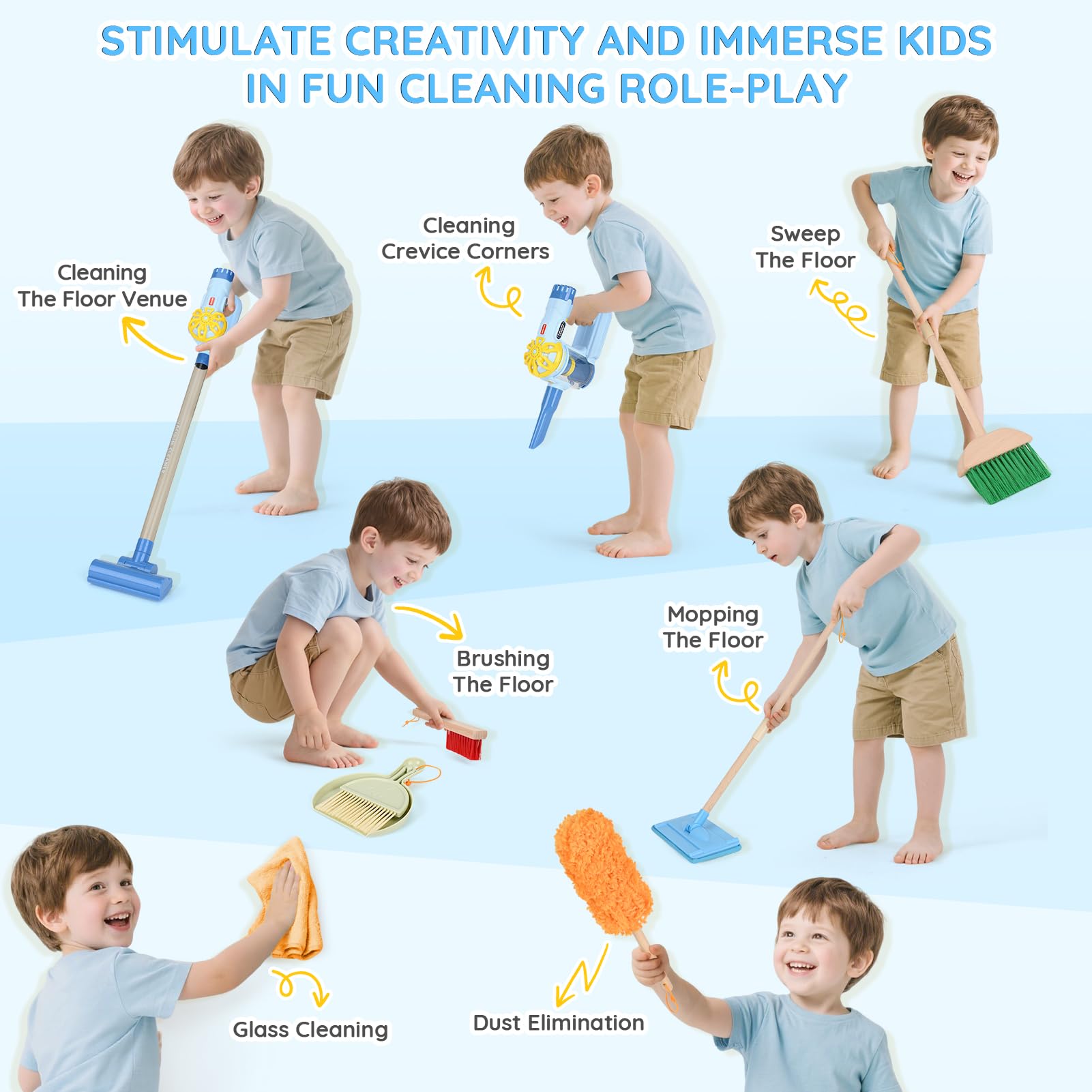 Dreamon Aspirapolvere per bambini con aspirazione e funzione audio, 11 set di pulizia per bambini, giocattolo in legno, scopa per bambini a partire dai 3 anni in su