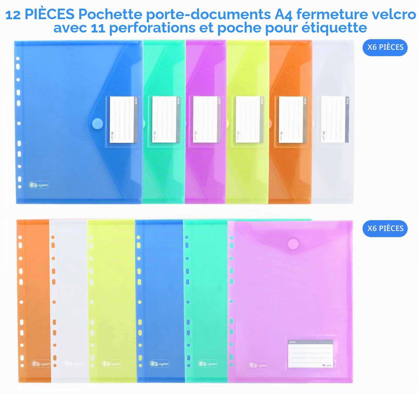 Agoer Classeur à Anneaux A4 noir avec 12 Pochettes Plastique en 6 Couleurs, Intercalaires en Plastique, étiquettes Inscriptibles et Porte-cartes, Présentoir Parfait pour les Présentations, Organiseur