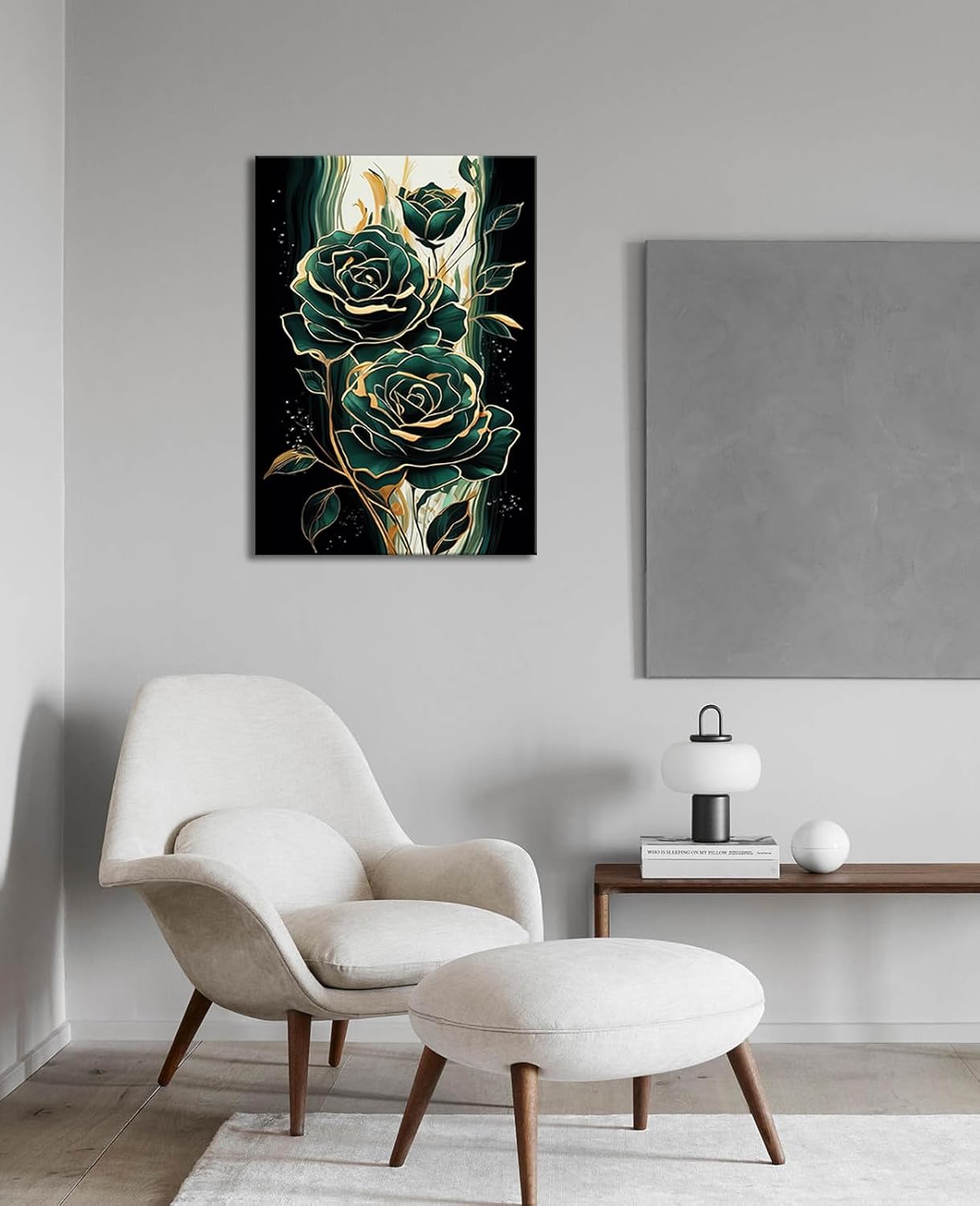Emerald Green Flower Wall Art Gold Emerald Rose Wall Decor Modern Floral Canvas Print Painting Picture Artwork for Bedroom Bathroom Home Decor,Framed
