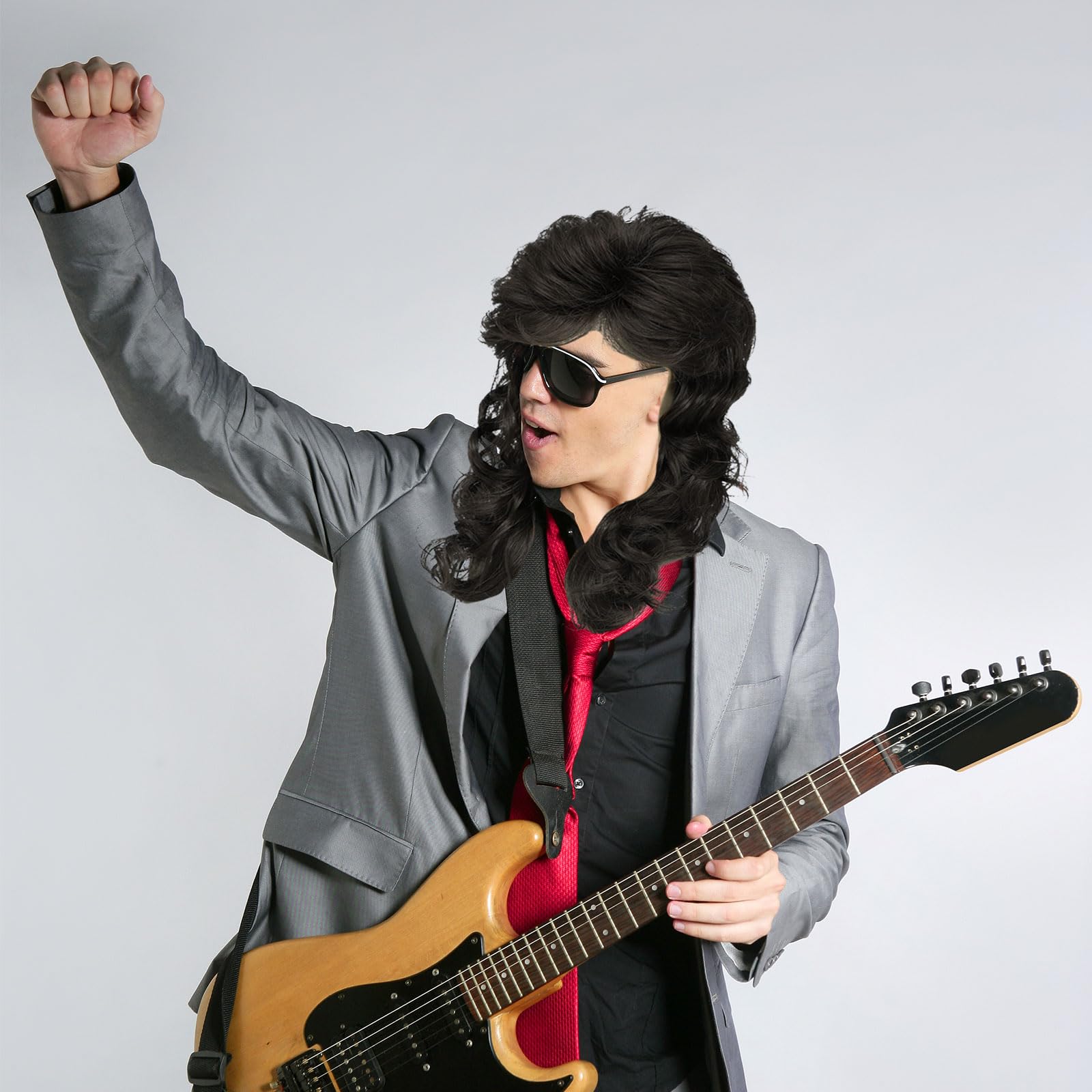 FOUNSHO Black Mullet Wig for Men Men's Long Curly Hair Wig 70s 80s 90s Funny Rocker Fancy Dress Accessories for Adult For Halloween Carnival Pop Rock Costumes Cosplay Party (Black) - Image 4