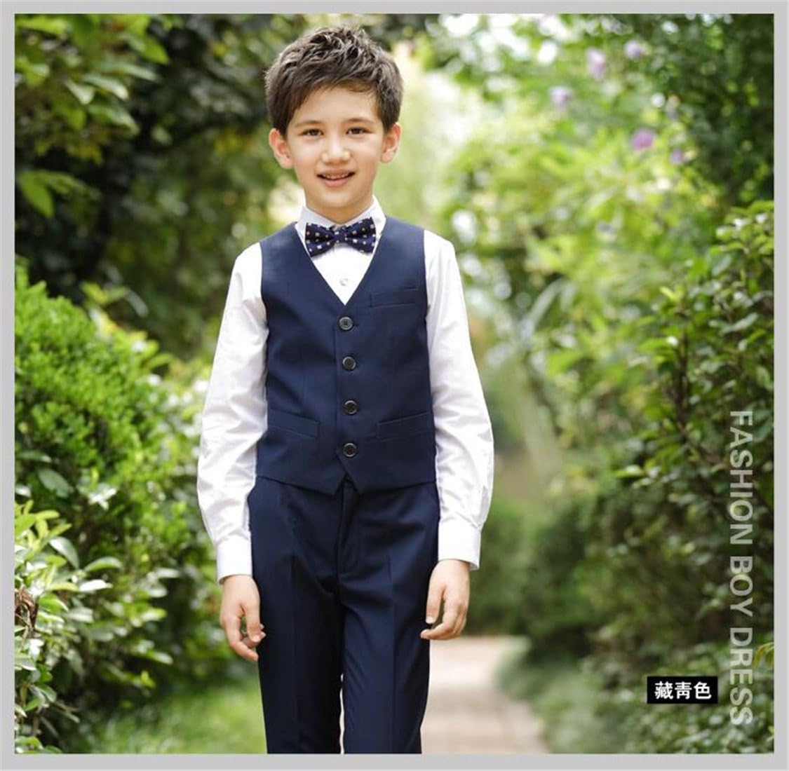 Gele Boy 4 Pieces Formal Wear Suit,Vest+Pants+Shirt+Bow Tie (14, Navy)