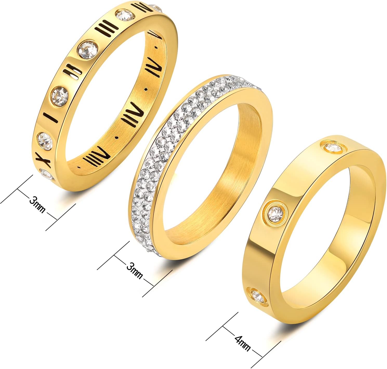 3pcs Love Friendship Lucky Ring Cubic Zirconia Gold Ring Sets for Women Stainless Steel Wedding Statement Thumb Ring Bands - Image 2