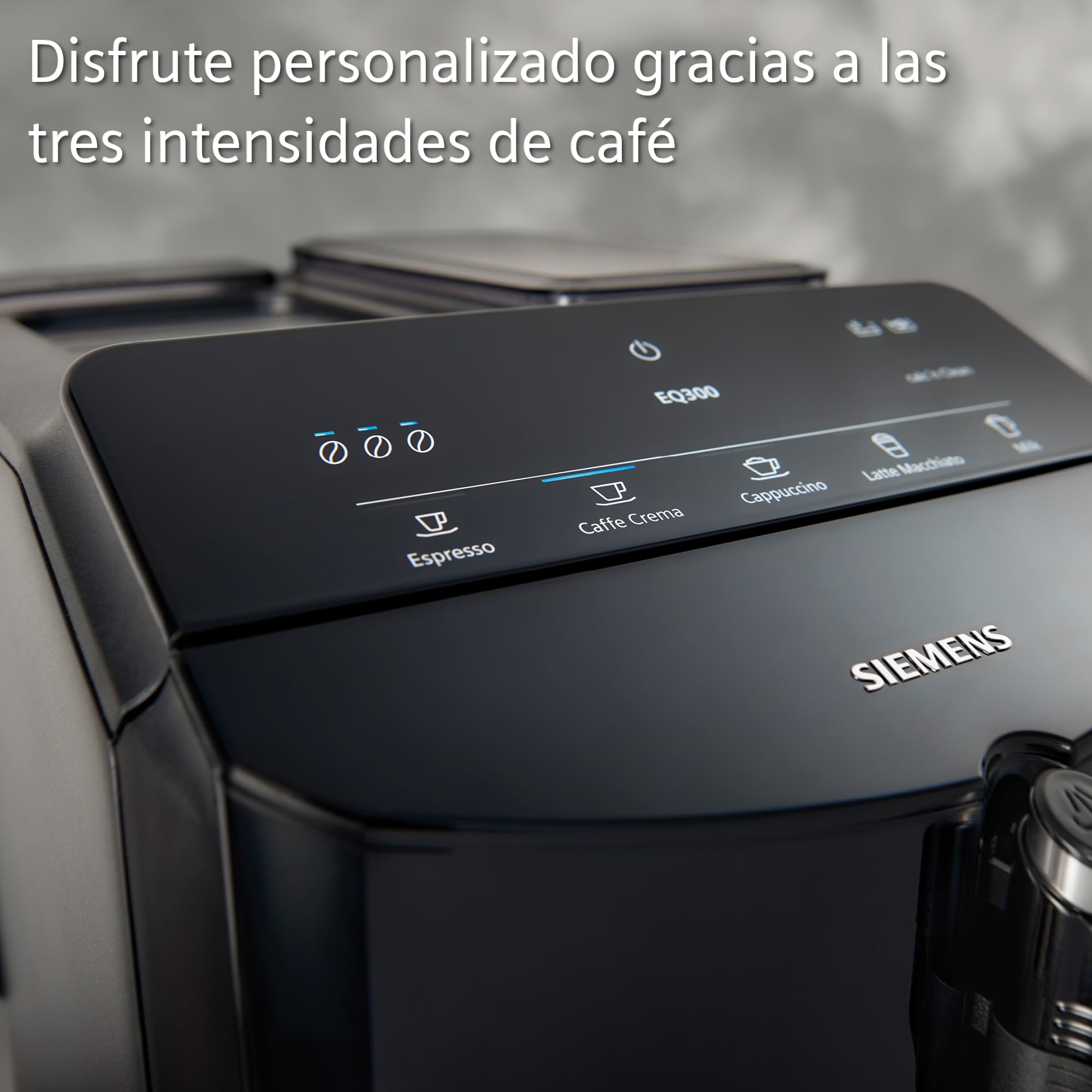 SIEMENS - Cafetera superautomática, EQ300, molinillo cerámico,espumador de leche, función oneTouch, negro, TF301E19