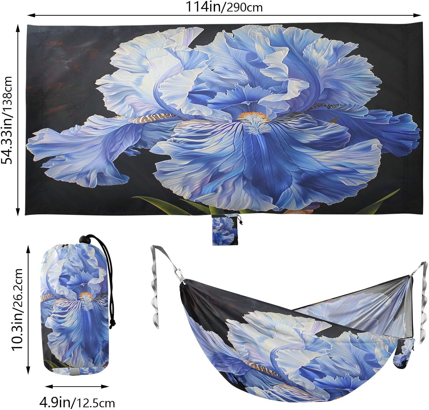 ALAZA Blue Iris Flower Painting Camping Hammocks Single or 2 Person 500 lbs Portable Parachute Travel Hammock w/Tree Straps for Hiking Backpacking Indoor Outdoor
