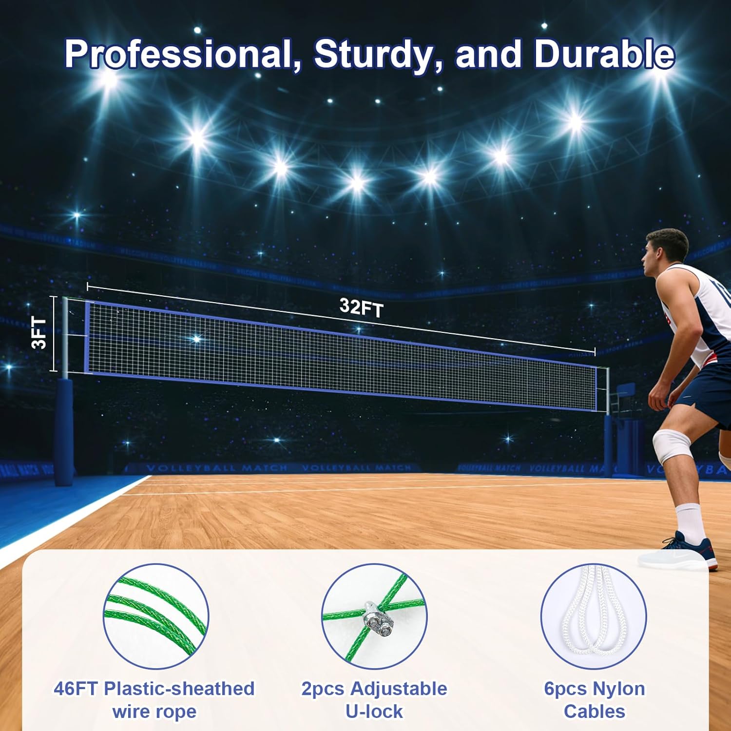 Professional Volleyball net Outdoor Heavy Duty, Lengthened Aircraft Wire Rope, Upgraded Weather Resistance, Thicker Border for Indoor Outdoor Backyard Pool Schoolyard Beach 32x3FT(Net Only)