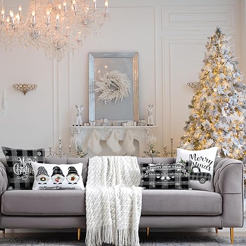 Miniatura 6 de Artmag Juego de 4 fundas de almohada navideñas de 18 x 18 pulgadas, decorativas, para exteriores, granja, búfalo, búfalo, a cuadros, camión, gnomos,